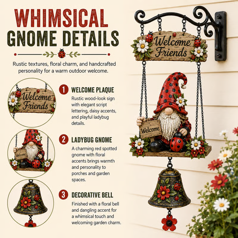 🥳2026 HOT SALE🥳💞50K+ SOLD! 🔔🧙‍♂️ 50% OFF! Gnome Welcome Doorbell Outdoor Decor – Charming gnome figure with clear melodic bell. Durable zinc alloy, weatherproof & easy to hang – a whimsical welcome for every guest! 🏠✨