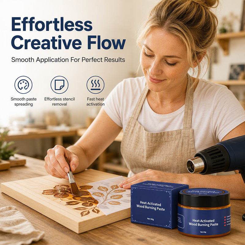 🥳2026 HOT SALE🥳💞50K+ SOLD! 🎨🔥 50% OFF! Heat-Activated Wood Burning Paste – DIY pyrography on wood, leather & canvas. Apply with stencil, heat with gun – rich scorched effect, no skills needed! 🖌️✨