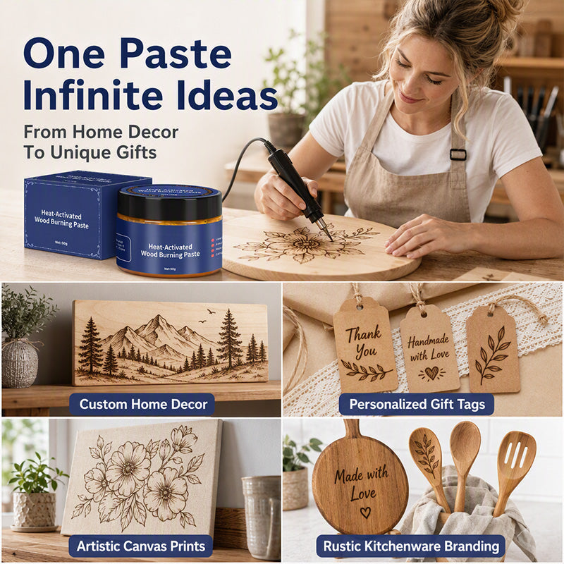 🥳2026 HOT SALE🥳💞50K+ SOLD! 🎨🔥 50% OFF! Heat-Activated Wood Burning Paste – DIY pyrography on wood, leather & canvas. Apply with stencil, heat with gun – rich scorched effect, no skills needed! 🖌️✨