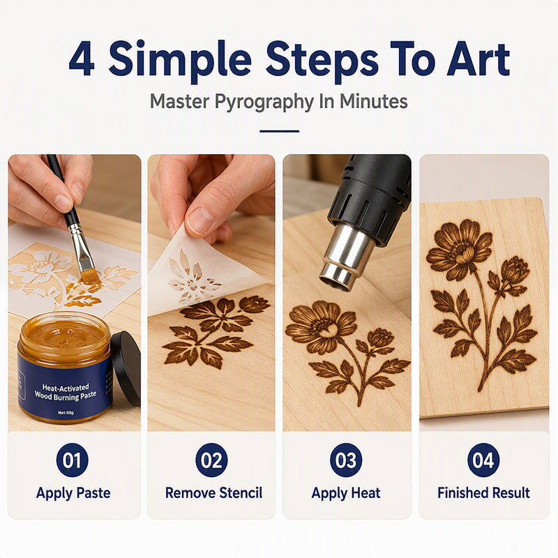 🥳2026 HOT SALE🥳💞50K+ SOLD! 🎨🔥 50% OFF! Heat-Activated Wood Burning Paste – DIY pyrography on wood, leather & canvas. Apply with stencil, heat with gun – rich scorched effect, no skills needed! 🖌️✨