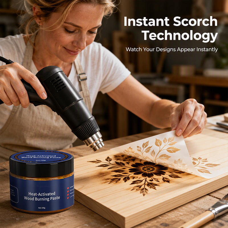 🥳2026 HOT SALE🥳💞50K+ SOLD! 🎨🔥 50% OFF! Heat-Activated Wood Burning Paste – DIY pyrography on wood, leather & canvas. Apply with stencil, heat with gun – rich scorched effect, no skills needed! 🖌️✨