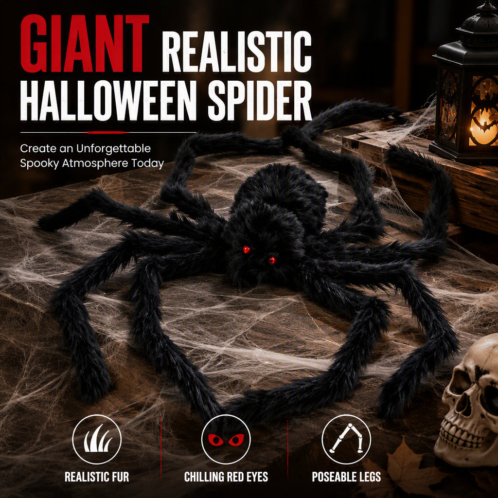 🥳2026 HOT SALE🥳💞50K+ SOLD! 🕷️🎃 50% OFF! Oversized Halloween Spider – 75cm giant leg span, realistic furry body & glowing red eyes. Perfect for porches, gardens & haunted house themes – instant spooky centrepiece! 👻✨