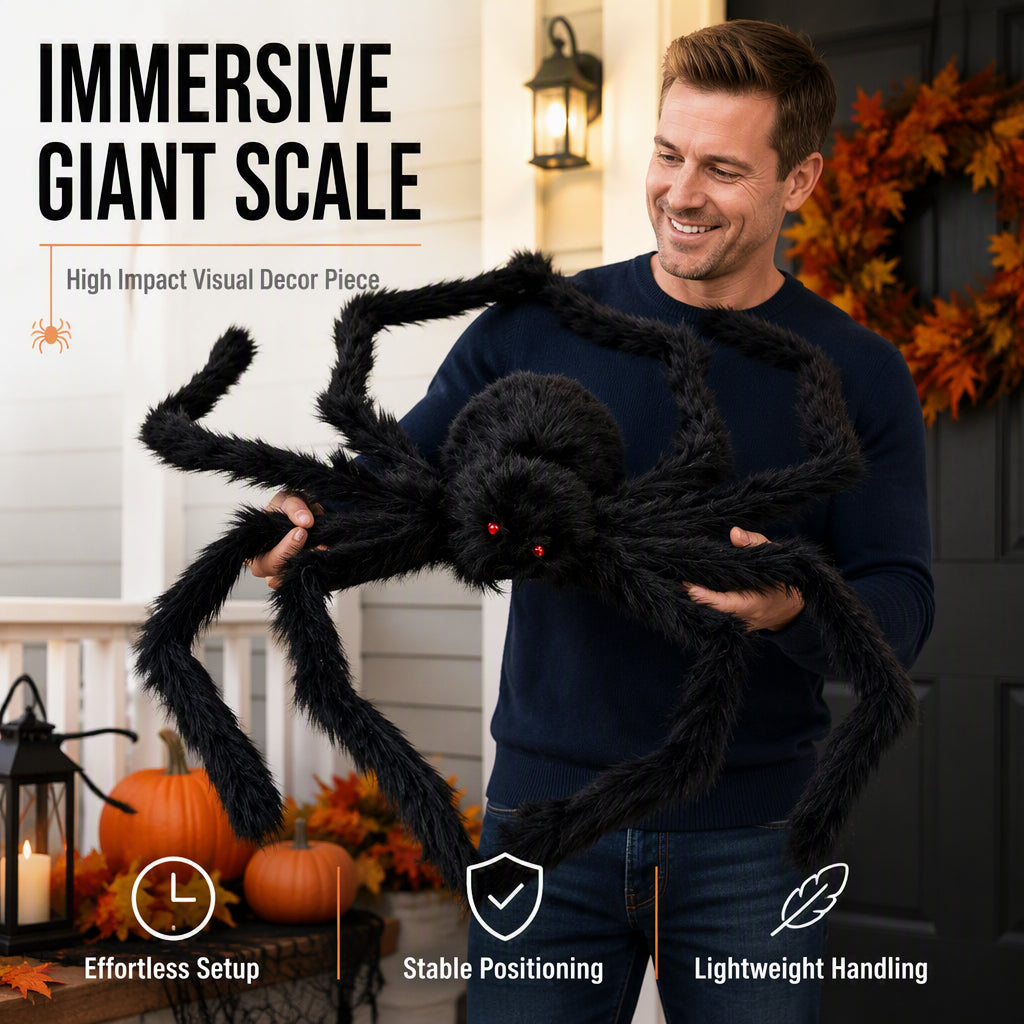 🥳2026 HOT SALE🥳💞50K+ SOLD! 🕷️🎃 50% OFF! Oversized Halloween Spider – 75cm giant leg span, realistic furry body & glowing red eyes. Perfect for porches, gardens & haunted house themes – instant spooky centrepiece! 👻✨