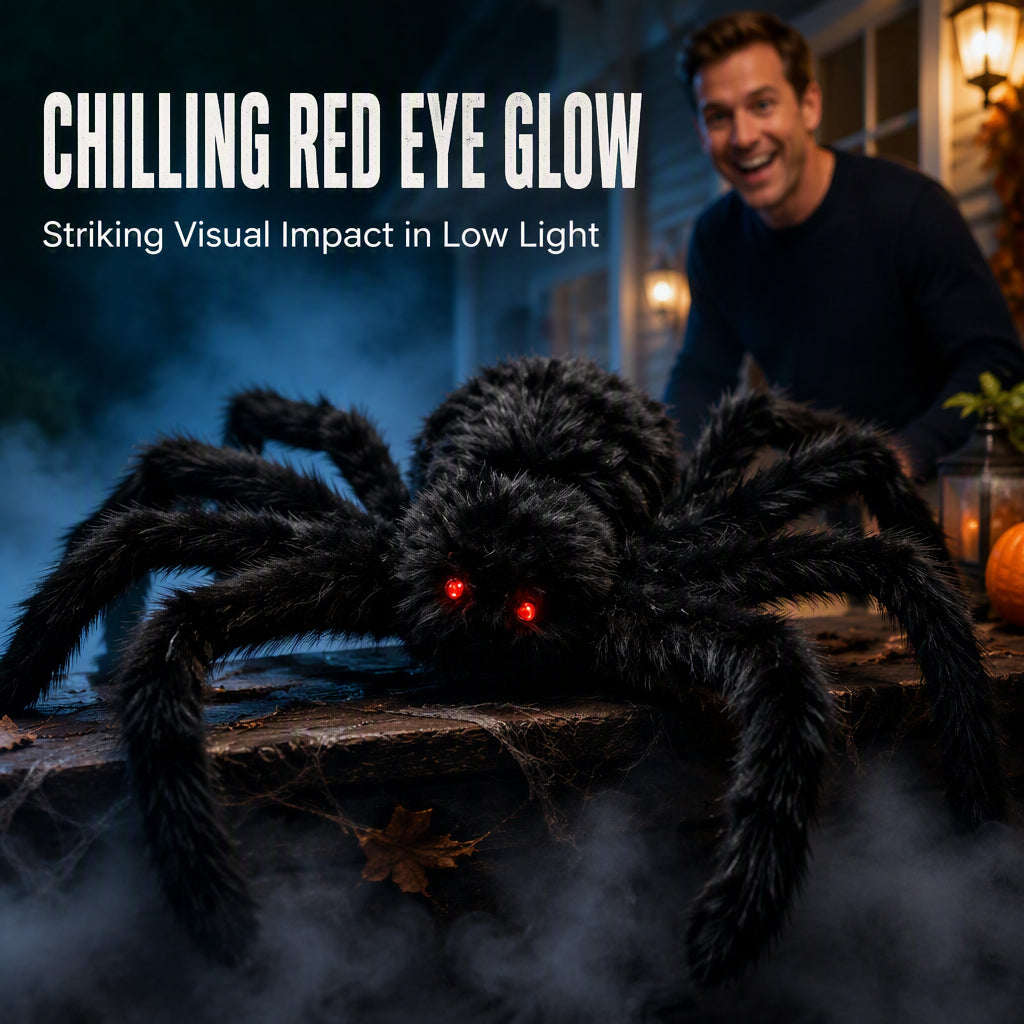 🥳2026 HOT SALE🥳💞50K+ SOLD! 🕷️🎃 50% OFF! Oversized Halloween Spider – 75cm giant leg span, realistic furry body & glowing red eyes. Perfect for porches, gardens & haunted house themes – instant spooky centrepiece! 👻✨