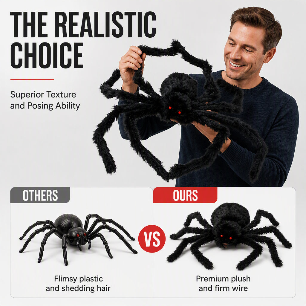 🥳2026 HOT SALE🥳💞50K+ SOLD! 🕷️🎃 50% OFF! Oversized Halloween Spider – 75cm giant leg span, realistic furry body & glowing red eyes. Perfect for porches, gardens & haunted house themes – instant spooky centrepiece! 👻✨