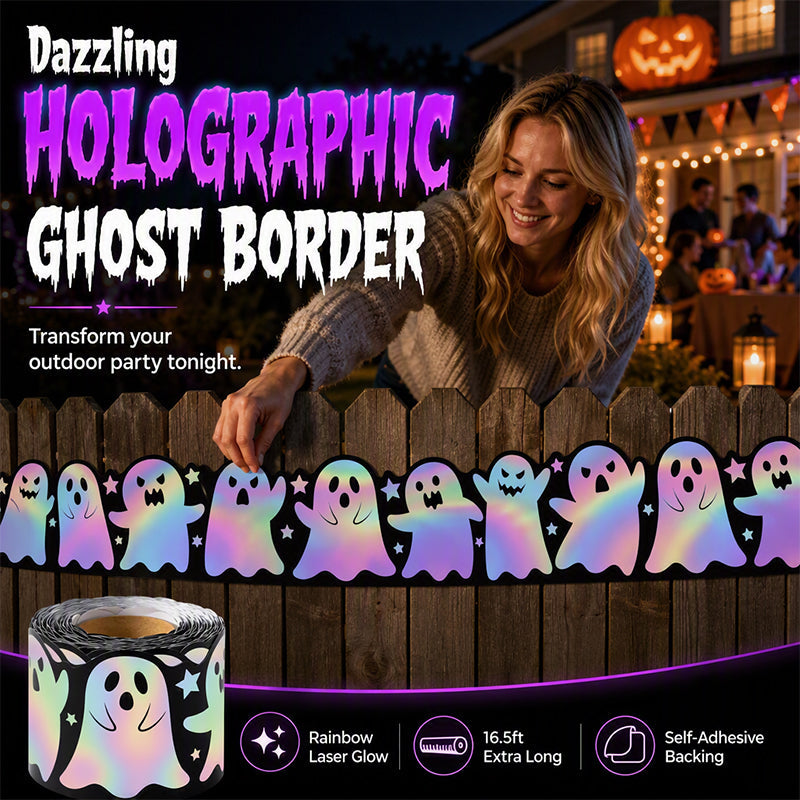 🥳2026 HOT SALE🥳💞50K+ SOLD! 🌙✨ 50% OFF! Holographic Ghost Border Sticker – Dazzling laser effect, playful ghost silhouettes. 5m roll – enough for doors, bulletin boards & party backdrops! 🎉👻