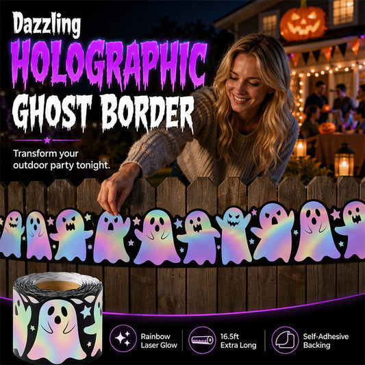 🥳2026 HOT SALE🥳💞50K+ SOLD! 🌙✨ 50% OFF! Holographic Ghost Border Sticker – Dazzling laser effect, playful ghost silhouettes. 5m roll – enough for doors, bulletin boards & party backdrops! 🎉👻