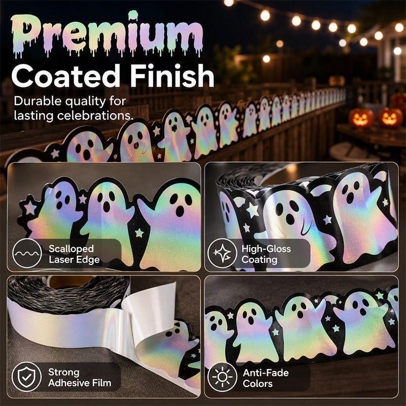 🥳2026 HOT SALE🥳💞50K+ SOLD! 🌙✨ 50% OFF! Holographic Ghost Border Sticker – Dazzling laser effect, playful ghost silhouettes. 5m roll – enough for doors, bulletin boards & party backdrops! 🎉👻