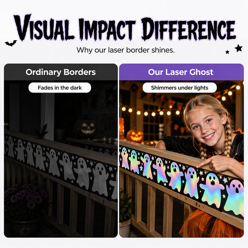 🥳2026 HOT SALE🥳💞50K+ SOLD! 🌙✨ 50% OFF! Holographic Ghost Border Sticker – Dazzling laser effect, playful ghost silhouettes. 5m roll – enough for doors, bulletin boards & party backdrops! 🎉👻