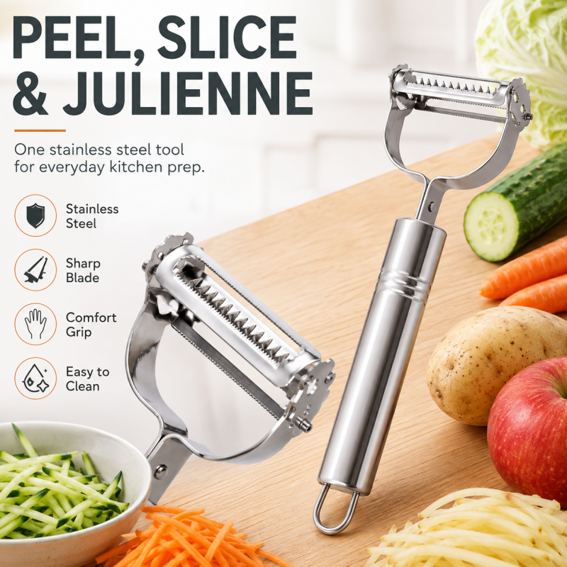 🥳2026 HOT SALE🥳💞50K+ SOLD! 🥕🔪 50% OFF! 2-in-1 Stainless Steel Peeler & Julienne Slicer – One tool, two blades – peel & julienne in seconds! Sharp rust‑proof blades, ergonomic grip – saves drawer space & prep time! 🍽️✨
