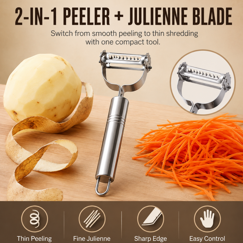 🥳2026 HOT SALE🥳💞50K+ SOLD! 🥕🔪 50% OFF! 2-in-1 Stainless Steel Peeler & Julienne Slicer – One tool, two blades – peel & julienne in seconds! Sharp rust‑proof blades, ergonomic grip – saves drawer space & prep time! 🍽️✨