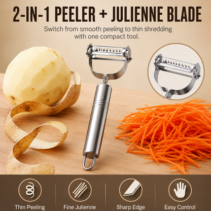 🥳2026 HOT SALE🥳💞50K+ SOLD! 🥕🔪 50% OFF! 2-in-1 Stainless Steel Peeler & Julienne Slicer – One tool, two blades – peel & julienne in seconds! Sharp rust‑proof blades, ergonomic grip – saves drawer space & prep time! 🍽️✨