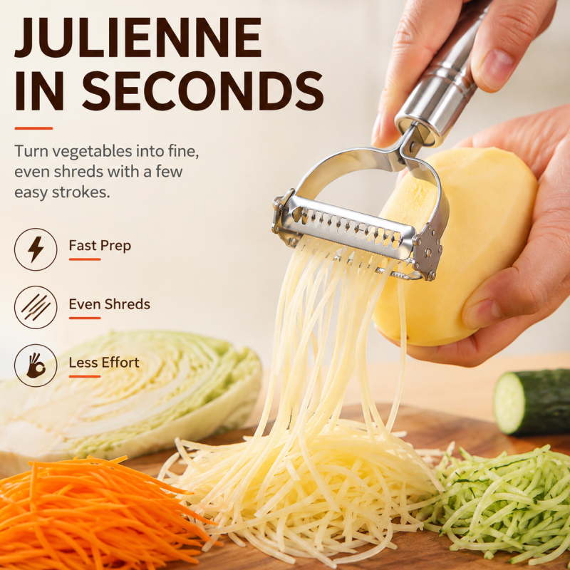 🥳2026 HOT SALE🥳💞50K+ SOLD! 🥕🔪 50% OFF! 2-in-1 Stainless Steel Peeler & Julienne Slicer – One tool, two blades – peel & julienne in seconds! Sharp rust‑proof blades, ergonomic grip – saves drawer space & prep time! 🍽️✨
