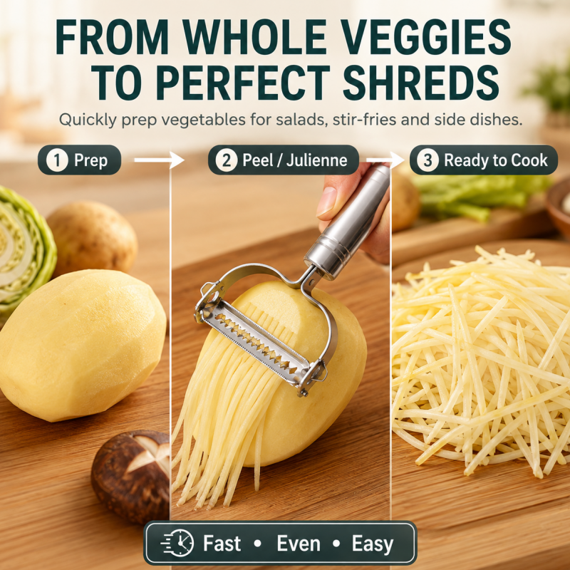 🥳2026 HOT SALE🥳💞50K+ SOLD! 🥕🔪 50% OFF! 2-in-1 Stainless Steel Peeler & Julienne Slicer – One tool, two blades – peel & julienne in seconds! Sharp rust‑proof blades, ergonomic grip – saves drawer space & prep time! 🍽️✨