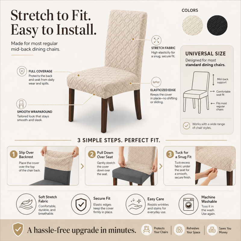 🥳2026 HOT SALE🥳💞50K+ SOLD! 🪑✨ 50% OFF! Universal Stretch Chair Seat Covers – Premium stretch fabric fits most mid‑back chairs, snug & wrinkle‑free. Non‑slip elastic edge stays firmly in place – instantly refresh your dining space! 🛡️🏠