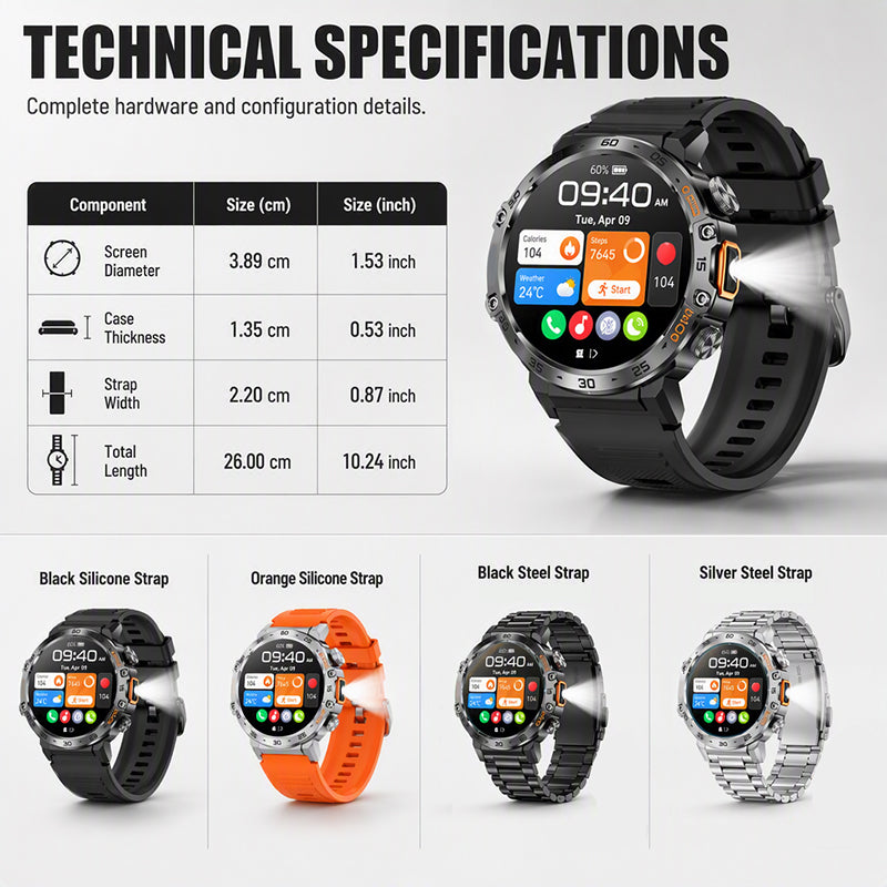 🥳2026 HOT SALE🥳💞50K+ SOLD! ⌚🔦 50% OFF! Outdoor Smartwatch – rugged build, LED flashlight, Bluetooth calling. For sports, fitness & adventure. Stay connected anywhere! 🏔️💪
