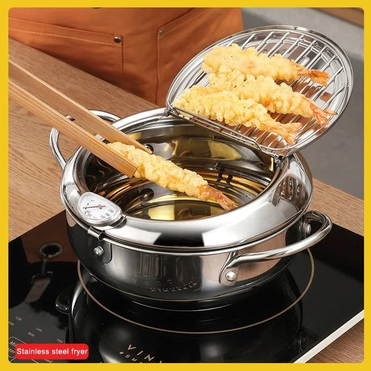 🥳2026 HOT SALE🥳💞50K+ SOLD! 🍤🔥 50% OFF! 201 Stainless Steel Tempura Fryer – Thermometer for precise oil control, removable drain rack reduces fat. Deep body, even heating – perfect crispy results every time! 🍟✨