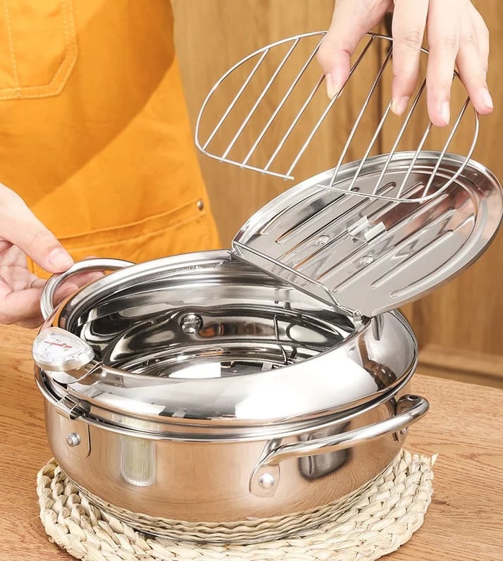 🥳2026 HOT SALE🥳💞50K+ SOLD! 🍤🔥 50% OFF! 201 Stainless Steel Tempura Fryer – Thermometer for precise oil control, removable drain rack reduces fat. Deep body, even heating – perfect crispy results every time! 🍟✨