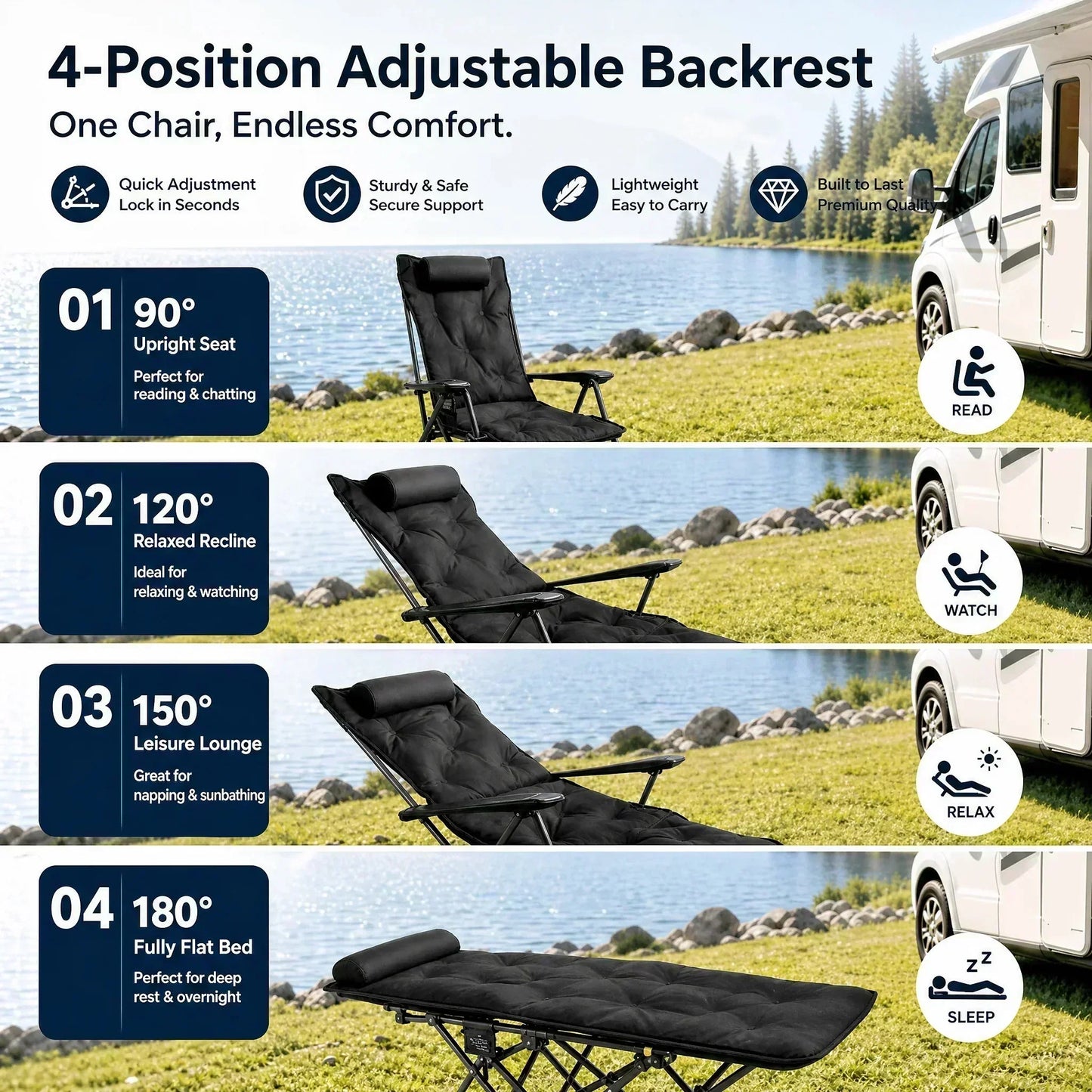 🥳2026 HOT SALE🥳💞50K+ SOLD! 🪑🌿 50% OFF! Adjustable Folding Outdoor Chair – 3/4 reclining positions & extendable leg rest. Reinforced carbon steel frame supports 300 lbs – perfect for camping, beach & garden! 🏕️✨
