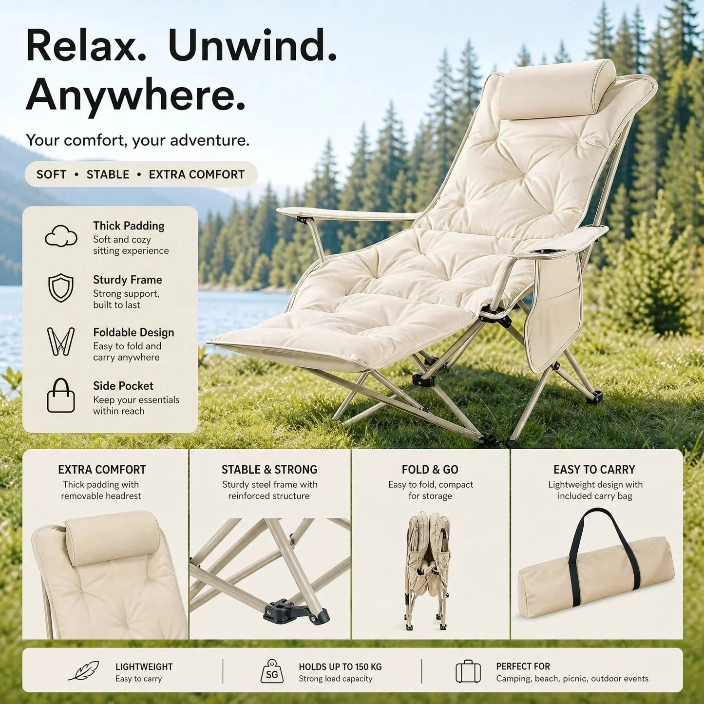 🥳2026 HOT SALE🥳💞50K+ SOLD! 🪑🌿 50% OFF! Adjustable Folding Outdoor Chair – 3/4 reclining positions & extendable leg rest. Reinforced carbon steel frame supports 300 lbs – perfect for camping, beach & garden! 🏕️✨
