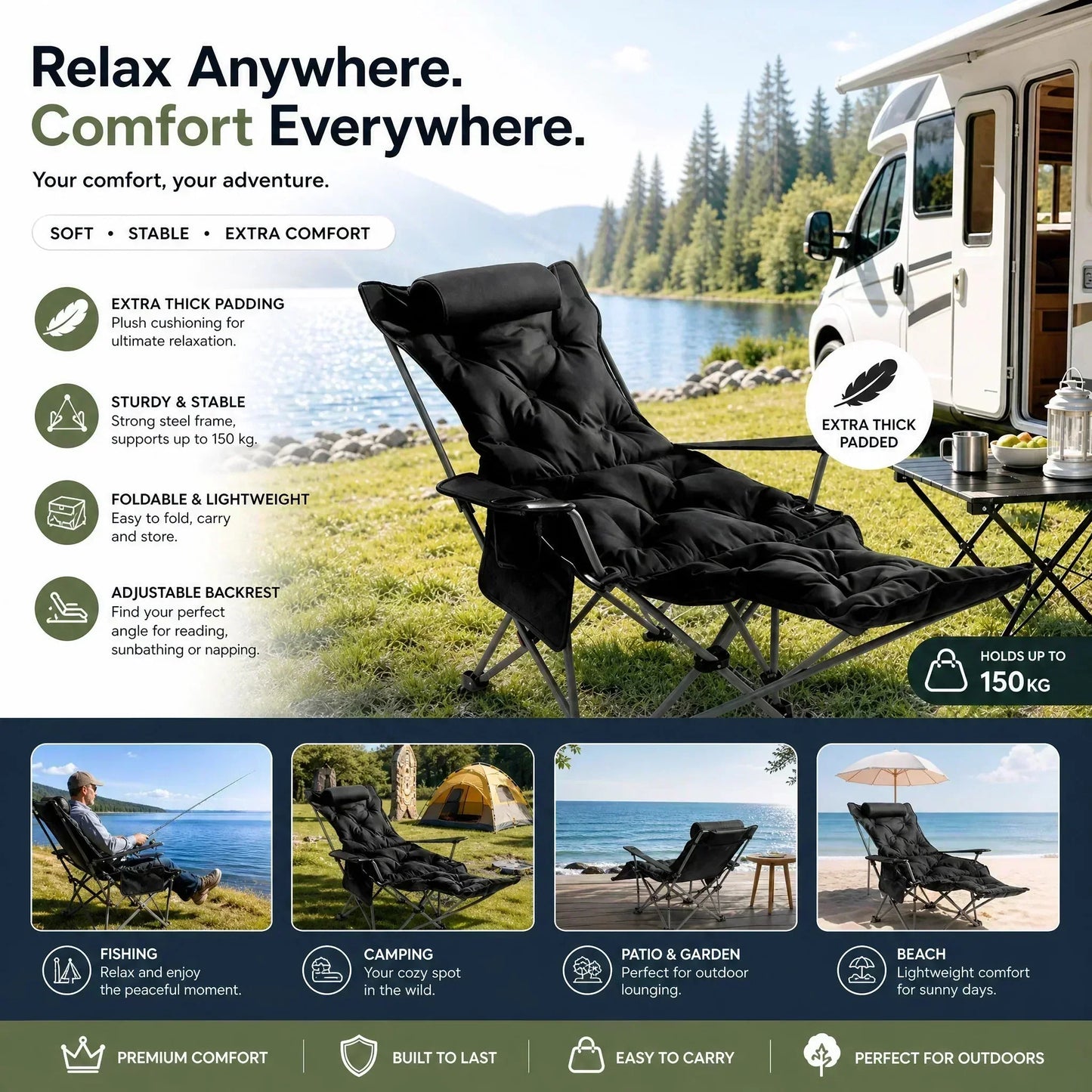 🥳2026 HOT SALE🥳💞50K+ SOLD! 🪑🌿 50% OFF! Adjustable Folding Outdoor Chair – 3/4 reclining positions & extendable leg rest. Reinforced carbon steel frame supports 300 lbs – perfect for camping, beach & garden! 🏕️✨
