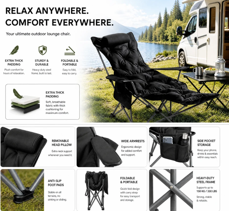 🥳2026 HOT SALE🥳💞50K+ SOLD! 🪑🌿 50% OFF! Adjustable Folding Outdoor Chair – 3/4 reclining positions & extendable leg rest. Reinforced carbon steel frame supports 300 lbs – perfect for camping, beach & garden! 🏕️✨