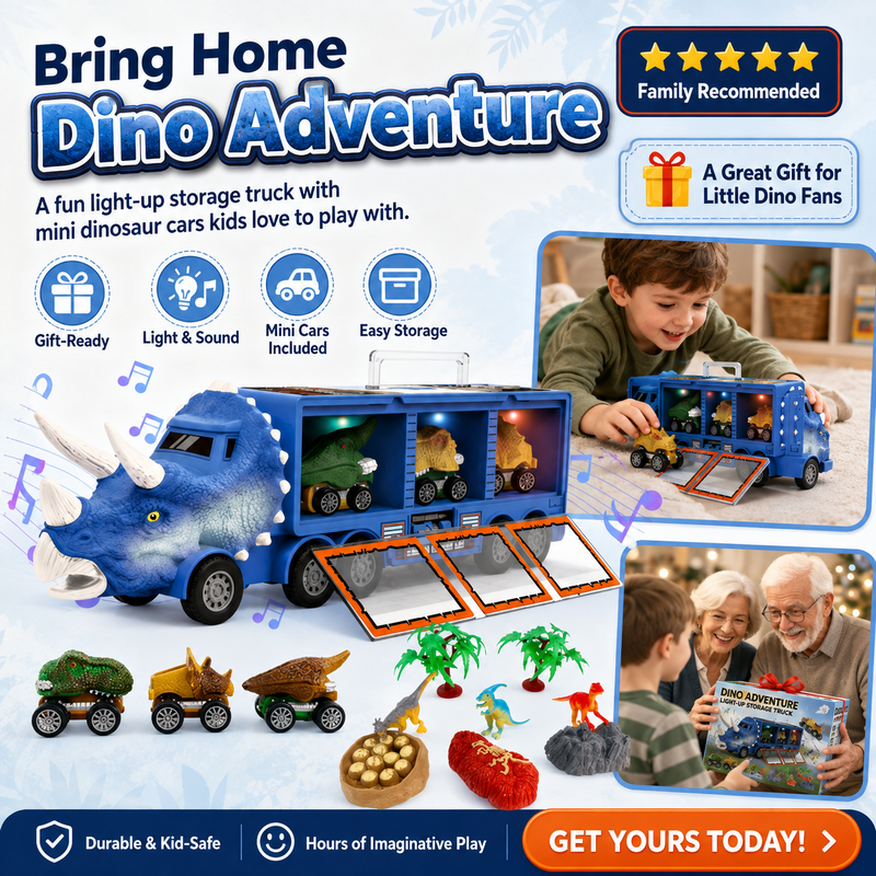 🥳2026 HOT SALE🥳💞50K+ SOLD! 🦕🚚 50% OFF! Interactive Dinosaur Transporter – Launch mini cars with press of a button! Lights, music & storage for 3 cars – endless prehistoric adventure! 🎵✨