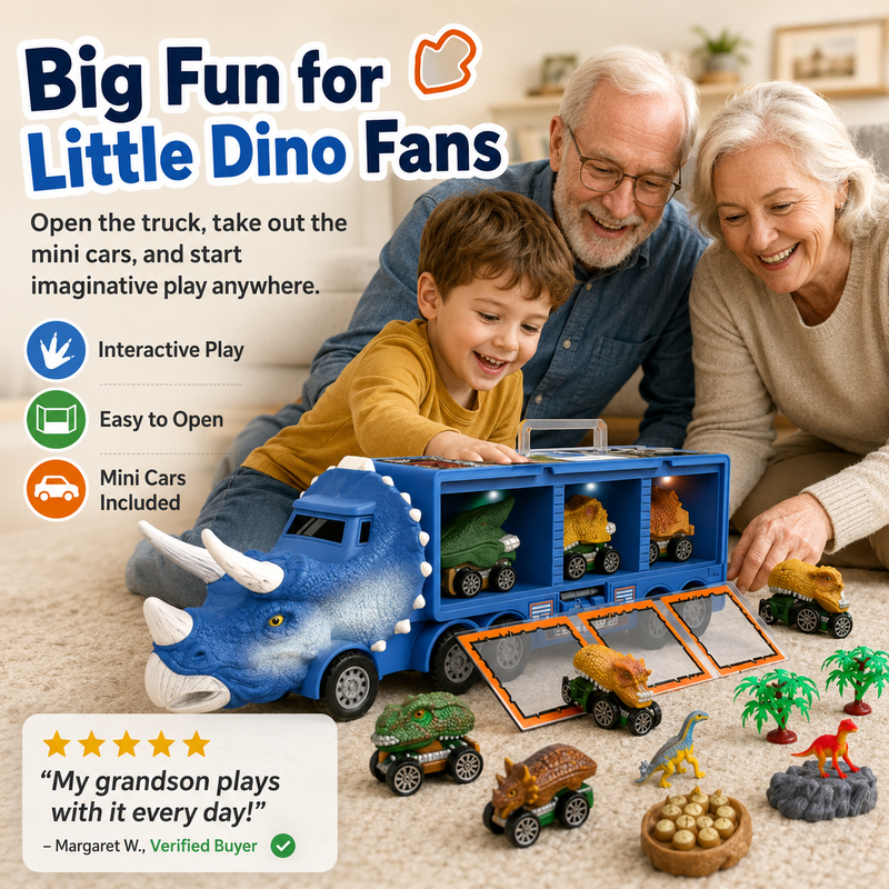 🥳2026 HOT SALE🥳💞50K+ SOLD! 🦕🚚 50% OFF! Interactive Dinosaur Transporter – Launch mini cars with press of a button! Lights, music & storage for 3 cars – endless prehistoric adventure! 🎵✨