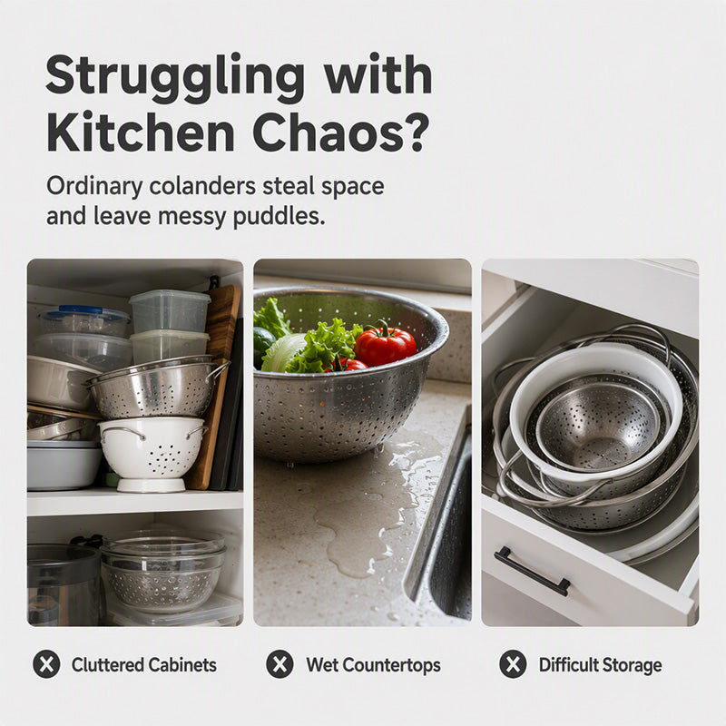 🥳2026 HOT SALE🥳💞50K+ SOLD! 🥬💦 50% OFF! 3-Piece Collapsible Colander Set – folds flat to save cupboard space, nests together neatly. 3 sizes for fruits, veg & pasta – no more oversized colanders taking over your kitchen! 🏠✨