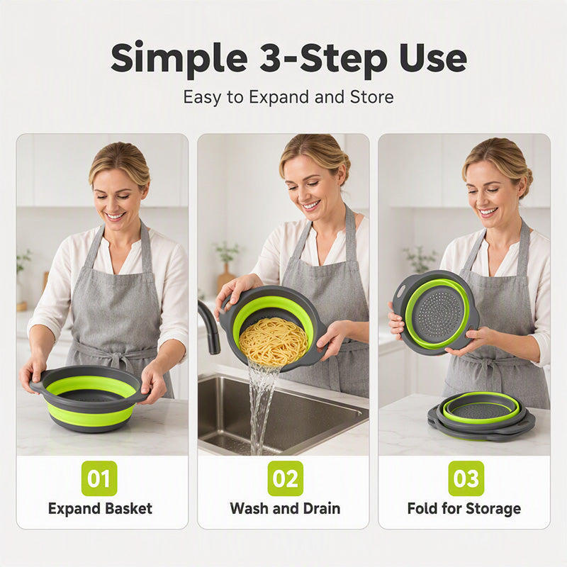 🥳2026 HOT SALE🥳💞50K+ SOLD! 🥬💦 50% OFF! 3-Piece Collapsible Colander Set – folds flat to save cupboard space, nests together neatly. 3 sizes for fruits, veg & pasta – no more oversized colanders taking over your kitchen! 🏠✨