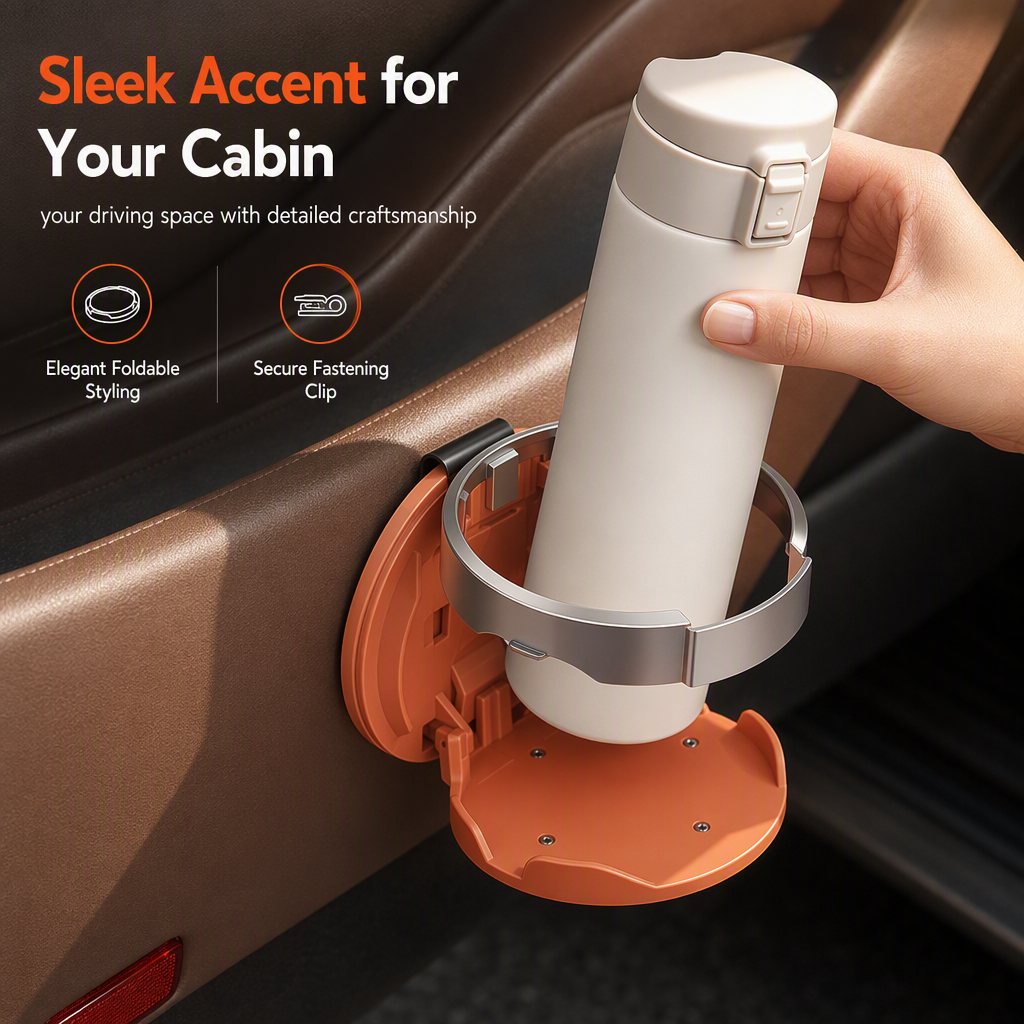 🥳2026 HOT SALE🥳💞50K+ SOLD! 🚗🥤 Foldable Car Door Cup Holder – adds extra drink space without cluttering your cabin. Folds flat when not in use, clip-on install – no drilling! Faux-leather finish fits right in! ✨💪