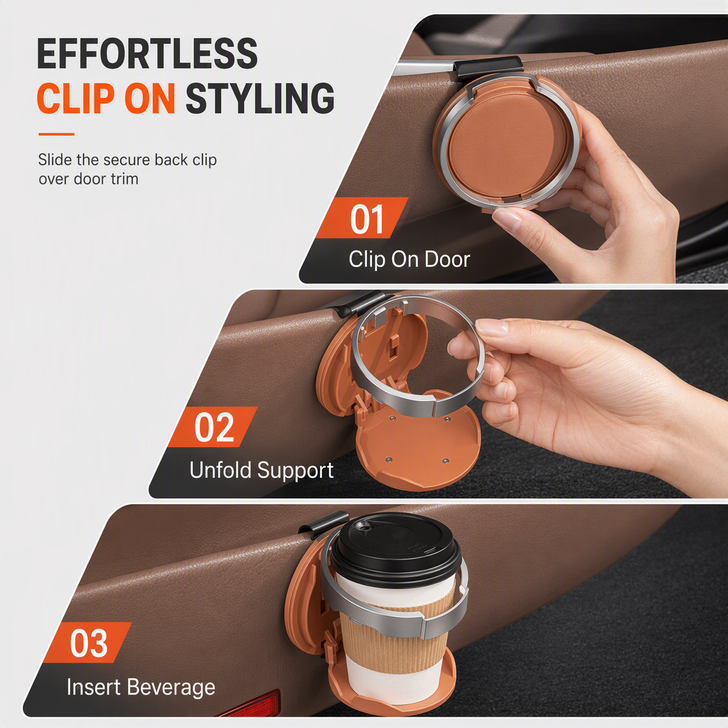 🥳2026 HOT SALE🥳💞50K+ SOLD! 🚗🥤 Foldable Car Door Cup Holder – adds extra drink space without cluttering your cabin. Folds flat when not in use, clip-on install – no drilling! Faux-leather finish fits right in! ✨💪