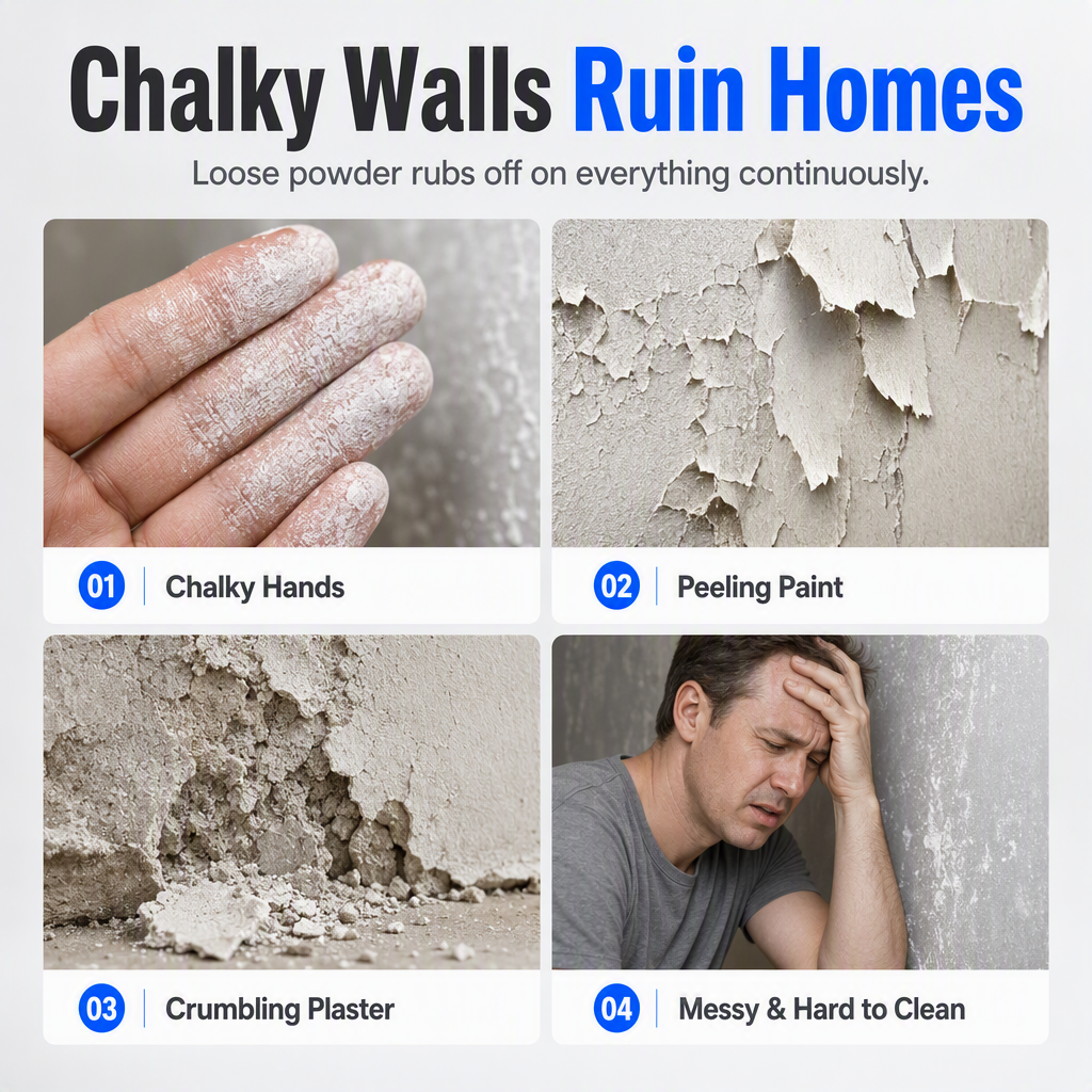 🥳2026 HOT SALE🥳💞50K+ SOLD! 🏠🧱 Wall Repair Liquid – locks chalky plaster instantly, stops dust & flaking. Acrylic formula binds loose particles into a solid base. Easy roller apply! 🛠️✅