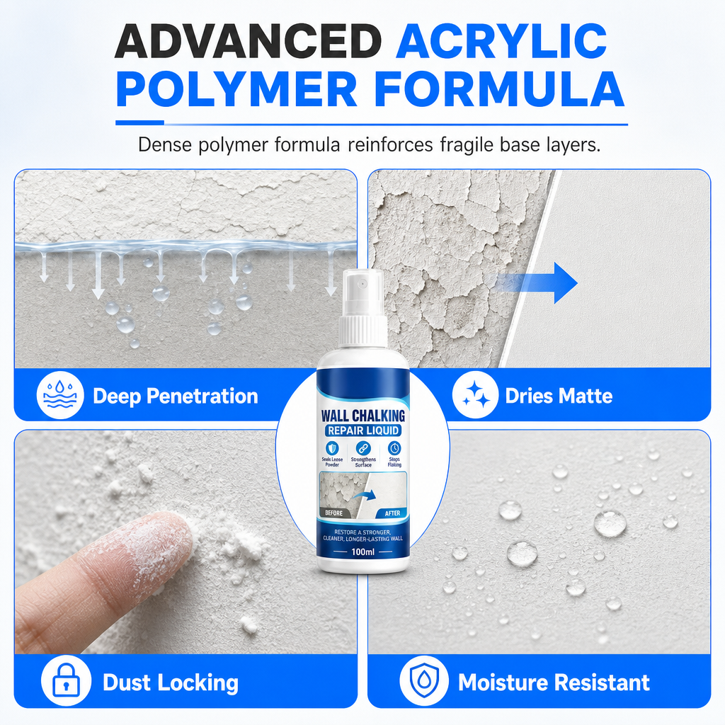 🥳2026 HOT SALE🥳💞50K+ SOLD! 🏠🧱 Wall Repair Liquid – locks chalky plaster instantly, stops dust & flaking. Acrylic formula binds loose particles into a solid base. Easy roller apply! 🛠️✅