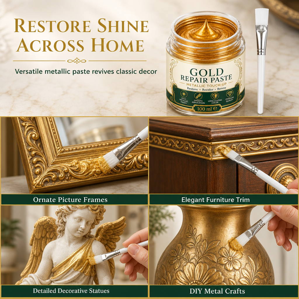 🥳2026 HOT SALE🥳💞50K+ SOLD! ✨🖌️ 50% OFF! Metallic Gold Refinishing Repair Paste – high-density pigments restore brilliant gold shine, water-resistant & includes brush. Revive faded decor instantly! 🛡️💎