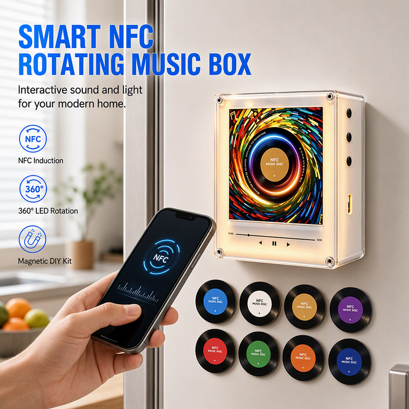🥳2026 HOT SALE🥳💞50K+ SOLD! 🧲🎵 50% OFF! NFC Magnetic Fridge Music Box – tap to play, 360° rotating LED glow, 9 discs & 256MB storage. Turn your fridge into a cosy music corner! 💡✅