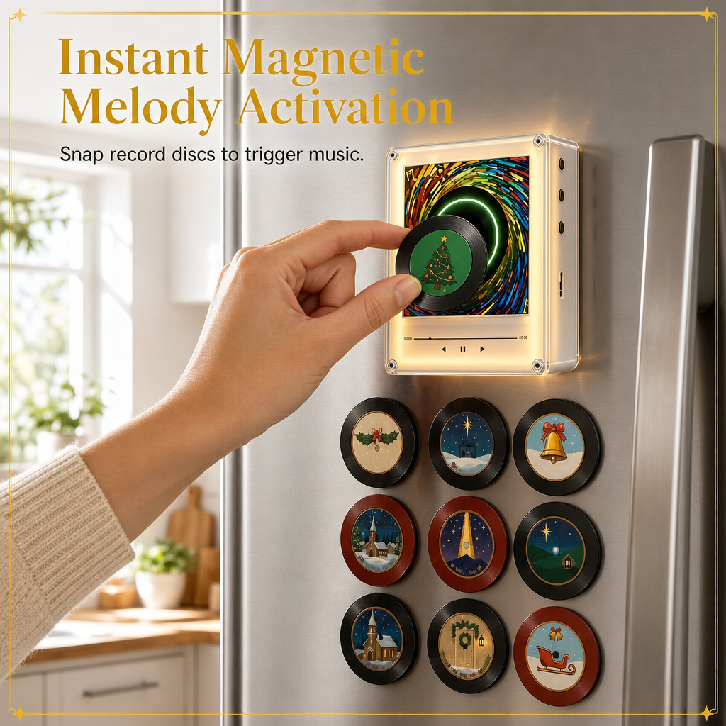 🥳2026 HOT SALE🥳💞50K+ SOLD! 🧲🎵 50% OFF! NFC Magnetic Fridge Music Box – tap to play, 360° rotating LED glow, 9 discs & 256MB storage. Turn your fridge into a cosy music corner! 💡✅