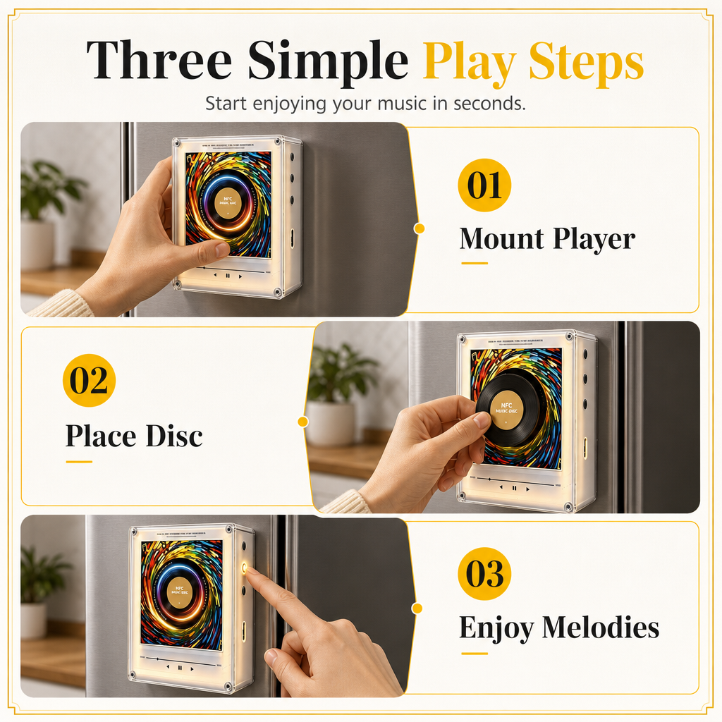 🥳2026 HOT SALE🥳💞50K+ SOLD! 🧲🎵 50% OFF! NFC Magnetic Fridge Music Box – tap to play, 360° rotating LED glow, 9 discs & 256MB storage. Turn your fridge into a cosy music corner! 💡✅