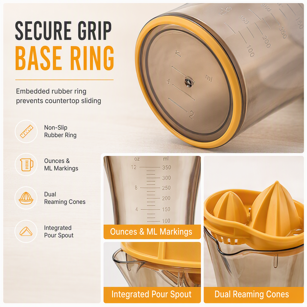 🥳2026 HOT SALE🥳💞50K+ SOLD! 🍊🛡️ Tired of wobbly juicers tipping over & wasting juice? Portable Manual Juicer – secure rubber base ring keeps cup steady, mess-free pouring spout. Squeeze fresh citrus without spills! 💪✨