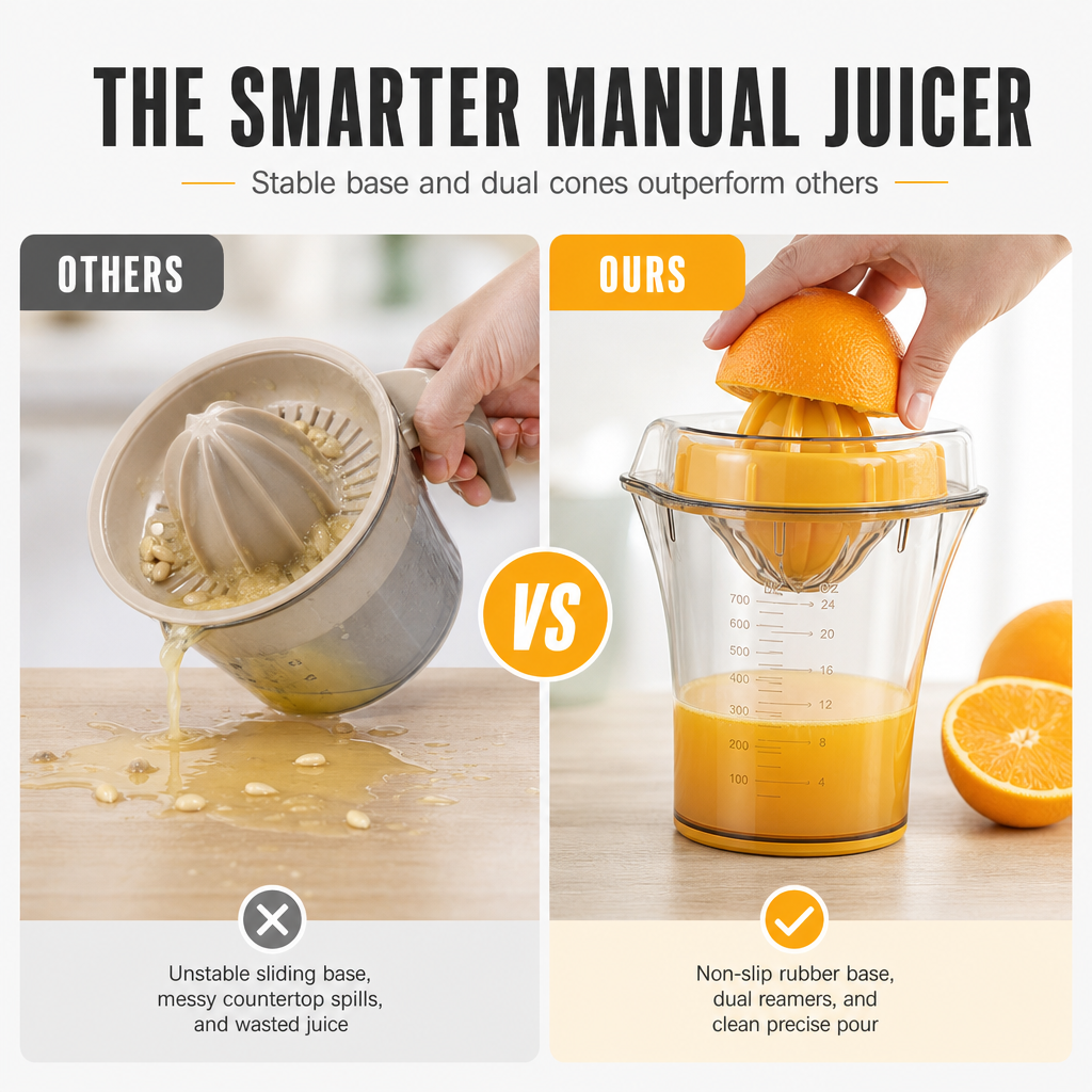 🥳2026 HOT SALE🥳💞50K+ SOLD! 🍊🛡️ Tired of wobbly juicers tipping over & wasting juice? Portable Manual Juicer – secure rubber base ring keeps cup steady, mess-free pouring spout. Squeeze fresh citrus without spills! 💪✨
