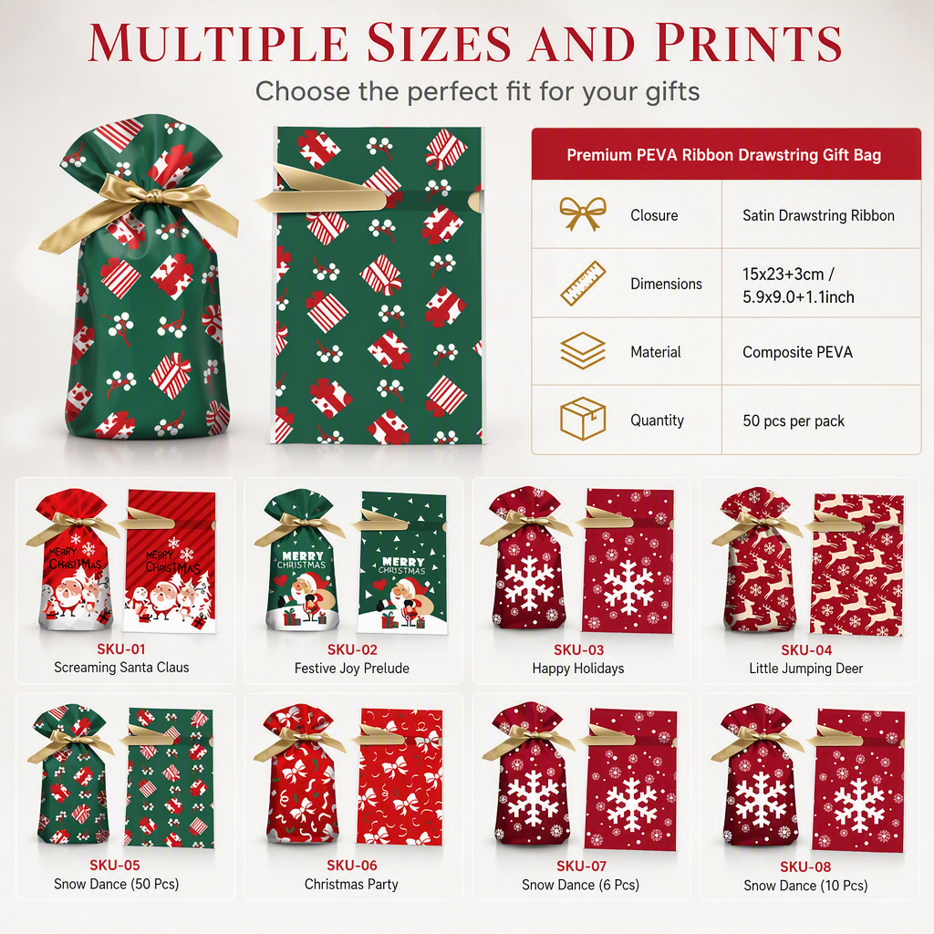 🥳2026 HOT SALE🥳💞50K+ SOLD! 🎄🎁 50% OFF! Christmas Drawstring Gift Bags with Ribbon (50 Pcs) – pull-and-tie, sturdy flat bottom, durable PEVA. Quick festive packaging! 🛡️✅