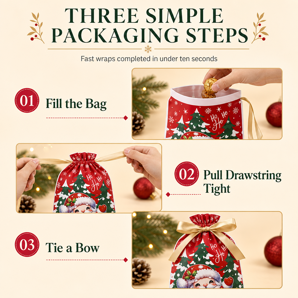 🥳2026 HOT SALE🥳💞50K+ SOLD! 🎄🎁 50% OFF! Christmas Drawstring Gift Bags with Ribbon (50 Pcs) – pull-and-tie, sturdy flat bottom, durable PEVA. Quick festive packaging! 🛡️✅