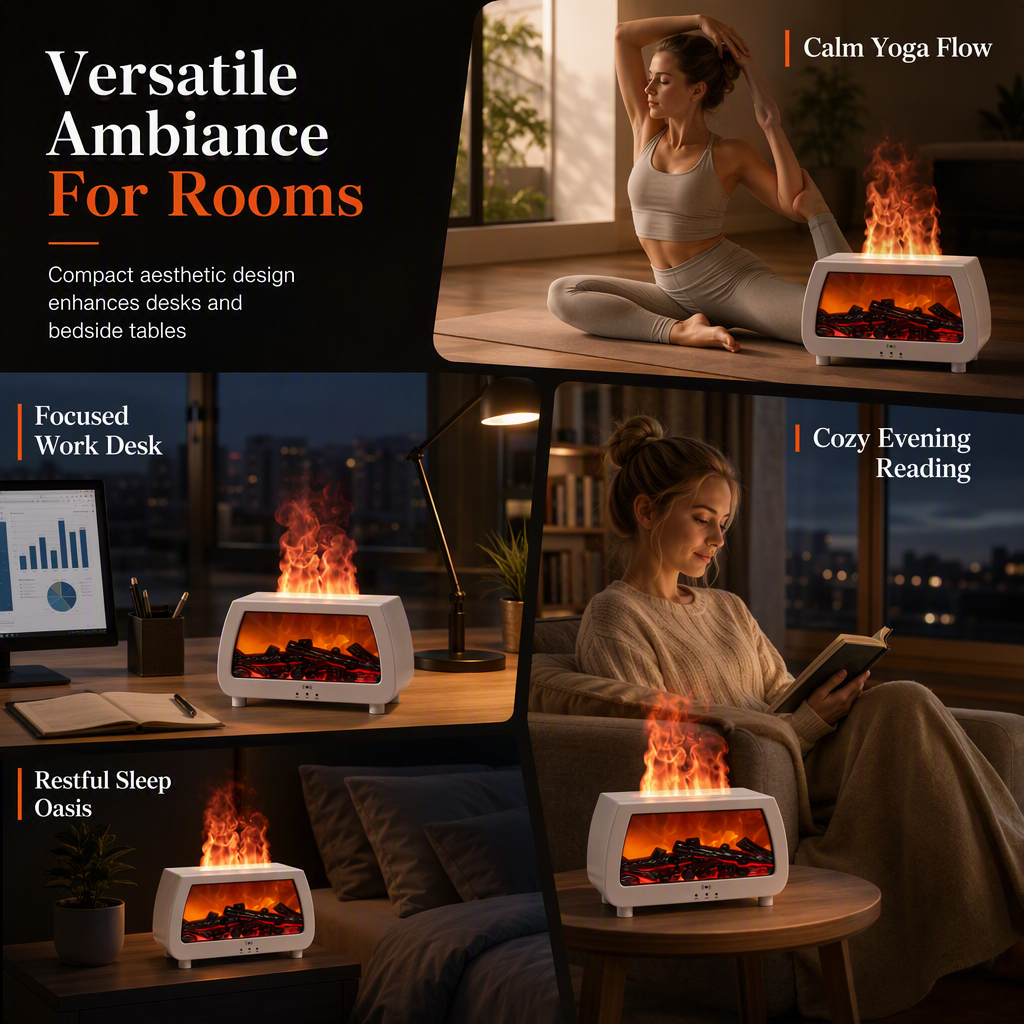 🥳2026 HOT SALE🥳💞50K+ SOLD! 🔥💨 50% OFF! Fireplace Flame Humidifier & Aromatherapy Diffuser – music sync lights, ultra quiet, auto shut-off. Cosy ambience for bedroom & office! 🌙✨
