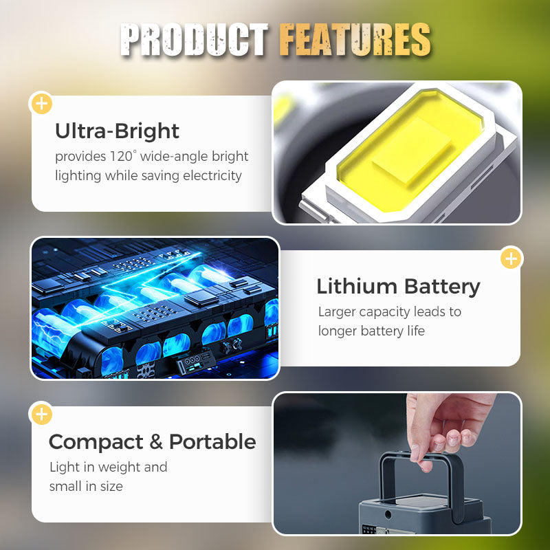 🥳2026 HOT SALE🥳💞50K+ SOLD! ☀️🔋 Portable Solar Camping Light – 50W ultra-bright, 3 light modes, solar & Type-C charging. IPX4 waterproof, doubles as power bank. Magnetic + hook mount. Light up any adventure! 🏕️💪