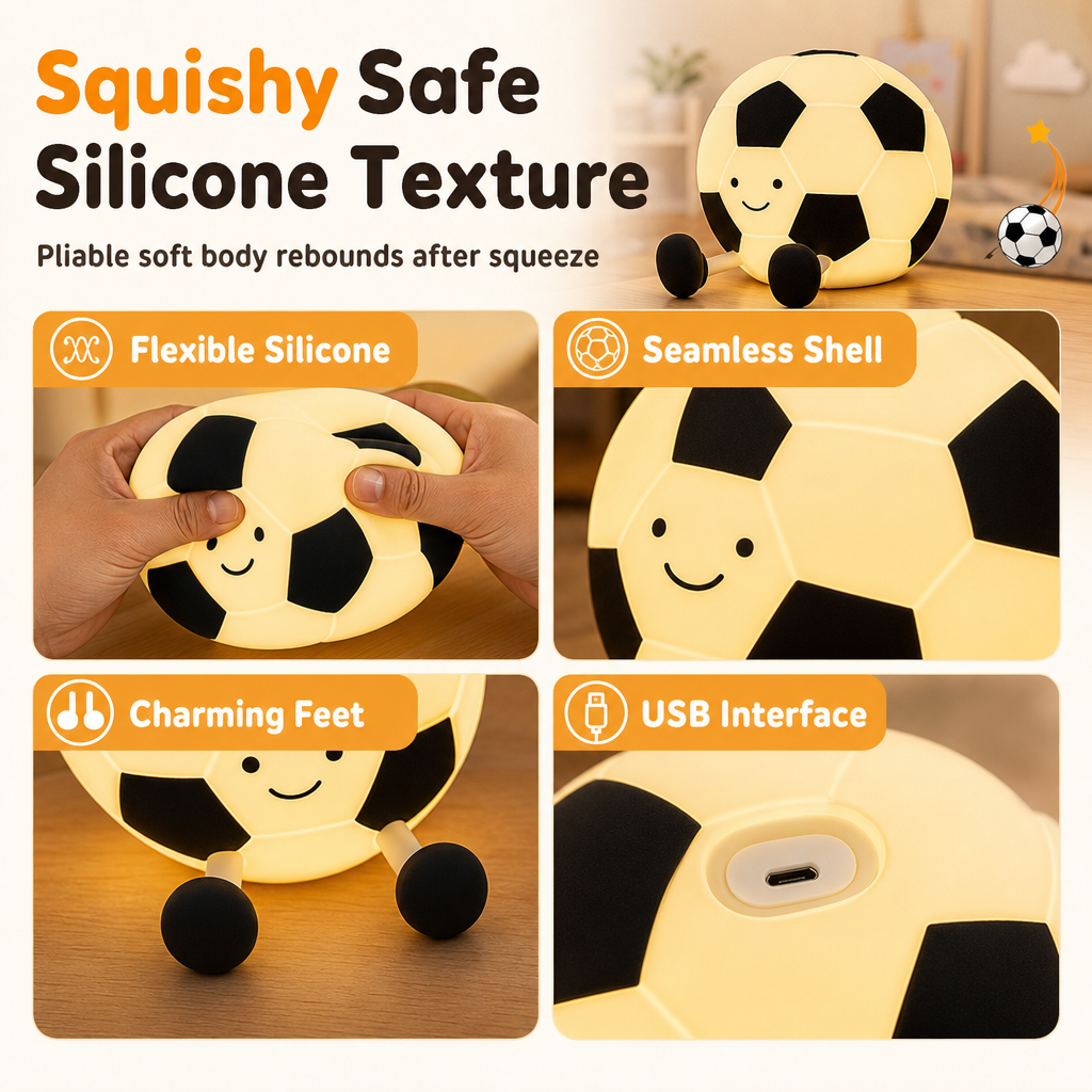 🥳2026 HOT SALE🥳💞50K+ SOLD! ⚽💡 50% OFF! Rechargeable Soccer Night Light – soft glow, tap control, squishy silicone. Kid-safe & soothing for bedtime! 🛡️💚
