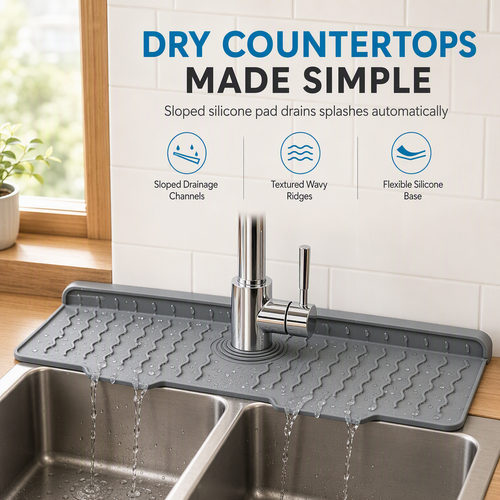 🥳2026 HOT SALE🥳💞50K+ SOLD! 🧽💧 50% OFF! Silicone Faucet Splash Guard Mat – sloped drain, cuttable, keeps countertops dry. Fits various sinks! 🛡️✅