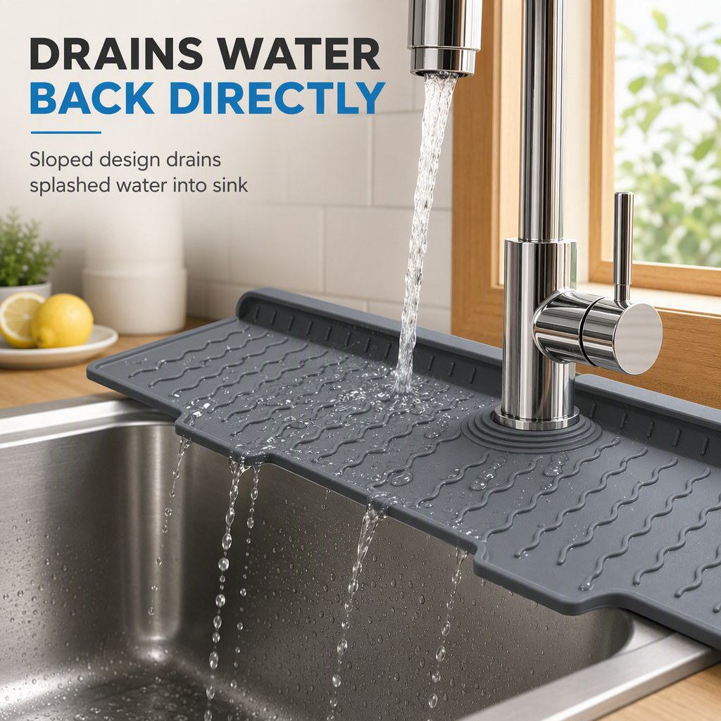 🥳2026 HOT SALE🥳💞50K+ SOLD! 🧽💧 50% OFF! Silicone Faucet Splash Guard Mat – sloped drain, cuttable, keeps countertops dry. Fits various sinks! 🛡️✅