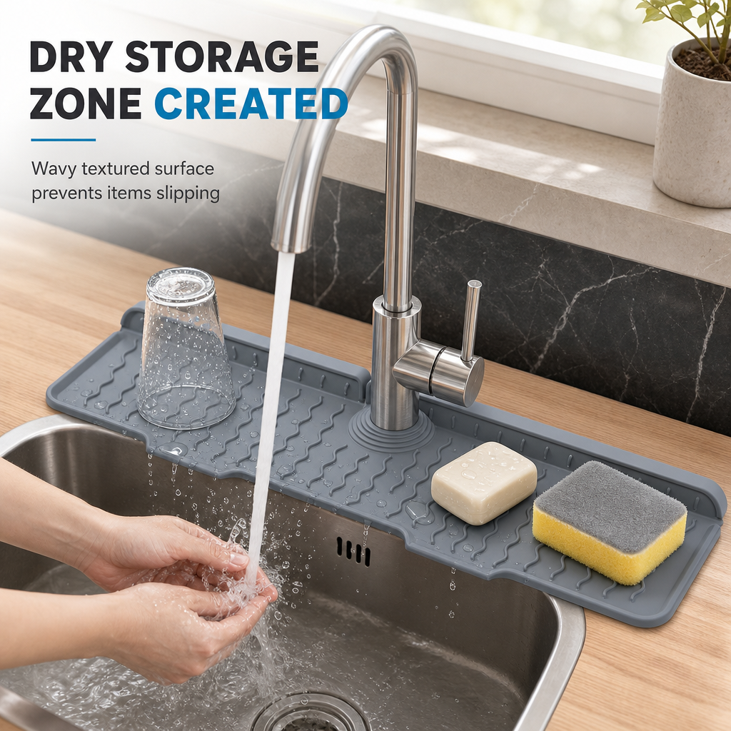 🥳2026 HOT SALE🥳💞50K+ SOLD! 🧽💧 50% OFF! Silicone Faucet Splash Guard Mat – sloped drain, cuttable, keeps countertops dry. Fits various sinks! 🛡️✅