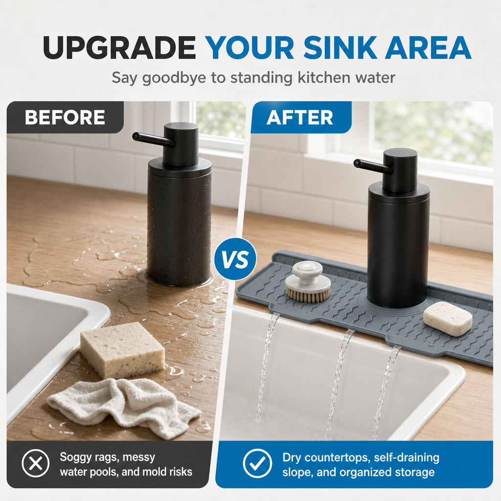 🥳2026 HOT SALE🥳💞50K+ SOLD! 🧽💧 50% OFF! Silicone Faucet Splash Guard Mat – sloped drain, cuttable, keeps countertops dry. Fits various sinks! 🛡️✅