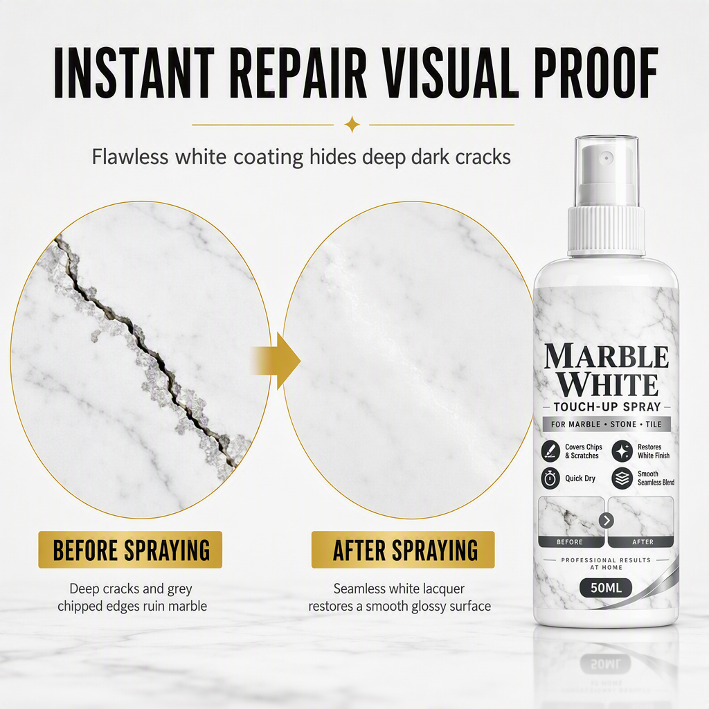 🥳2026 HOT SALE🥳💞50K+ SOLD! 🛠️💎 50% OFF! Marble White Touch-Up Spray Paint – precision spray restores chipped countertops & tiles to a seamless glossy finish. 50ml, 3 easy steps, no brush marks! 🏠✨